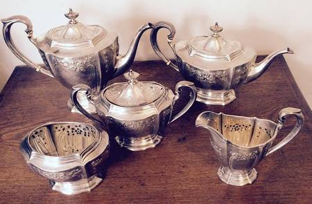 1428 (Sterling, Hollowware) 5 Piece Tea Set (SCP, STP, SCR, SSU, SWB)