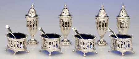 Silverplate Hollowware Open Salt Master with Cobalt Liner & Spoon & Pepper Shaker - Set of 4