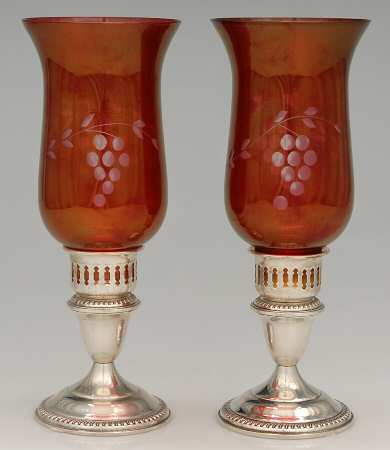 44 (Sterling, Hollowware) Pair of Hurricane Lamps & Globes