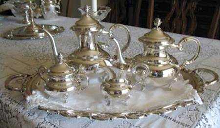 EUF6 (Sterling, Hollowware) 5 Piece Sterling Tea Set with Silverplate Tray
