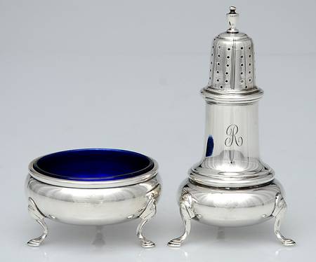 George II-Repro (Sterling, Hollowware) Open Salt Master W/Cobalt Liner & Pepper Shaker
