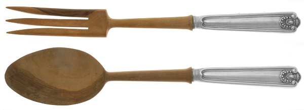 Fiddle Shell-Alden (Sterling, 1914, No Monos) Wooden Bowl 2-Piece Salad Set
