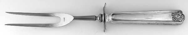 Fiddle Shell-Alden (Sterling, 1914, No Monos) Lg Carving/Roast Fork-Stn Prong w/Sterling Guard