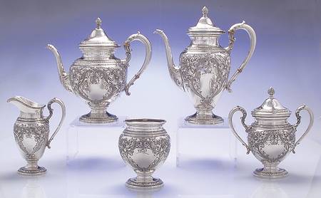 Lily-Floral (Sterling, Hollowware, Floral Border) 5 Piece Tea Set (SCP, STP, SCR, SSU, SWB)