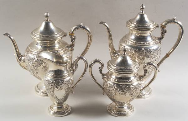 Lily-Floral (Sterling, Hollowware, Floral Border) 4 Piece Tea Set (SCP, STP, SCR, SSU)