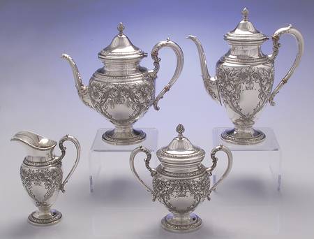 Lily-Floral (Sterling, Hollowware, Floral Border) 4 Piece Tea Set (SCP, STP, SCR, SSU)