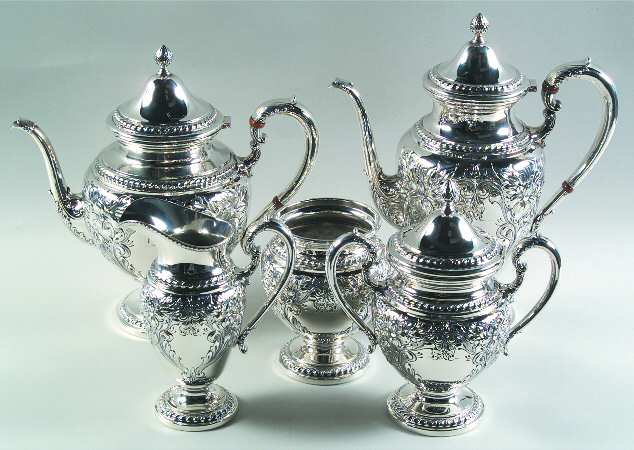 Lily-Floral (Sterling, Hollowware, Gadroon Border) 5 Piece Tea Set (SCP, STP, SCR, SSU, SWB)