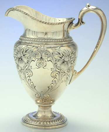 Lily-Floral (Sterling, Hollowware, Gadroon Border) Chased Sterling Water Pitcher