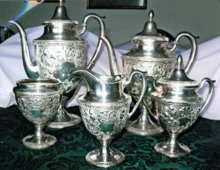 Rose Bouquet (Strl, Hlwr, Embossed Flowers&Scrolls) 5 Piece Tea Set (SCP, STP, SCR, SSU, SWB)