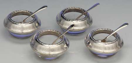 Sterling Hollowware Open Salt Master W/Crystal Liner & Spoon - Set of 4