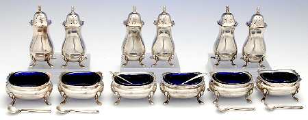 498 (Sterling, Hollowware) Open Salt Master W/Cobalt Liners & Peppershk (Set6