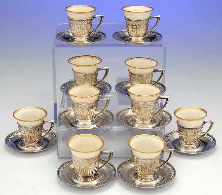 6030 (Sterling, Hollowware) Demi Cup and Saucer with Lenox Liner - Set of 10