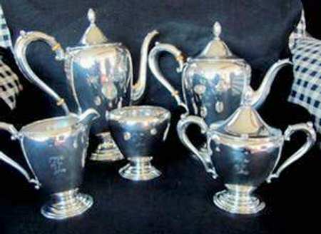 702 (Sterling, Hollowware) 5 Piece Tea Set (SCP, STP, SCR, SSU, SWB)