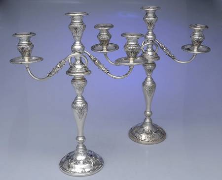 2069 (Sterling, Hollowware) Pair of Weighted 3 Light Candelabra