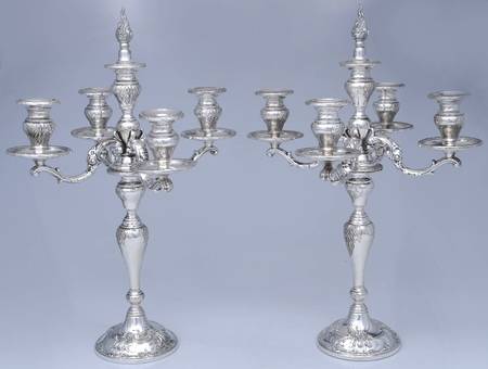 2069 (Sterling, Hollowware) Pair of Weighted 5 Light Candelabra