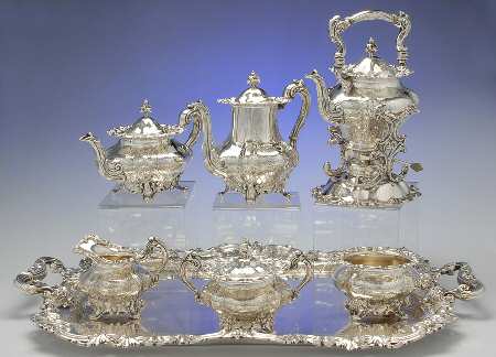 2830 (Sterling, Hollowware) 7 Piece Tea Set (SCP, STP, SCR, SSU, SWB, SKES & WTL)