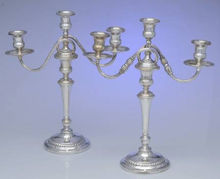 269 (Sterling, Hollowware) Pair of Weighted 3 Light Candelabra