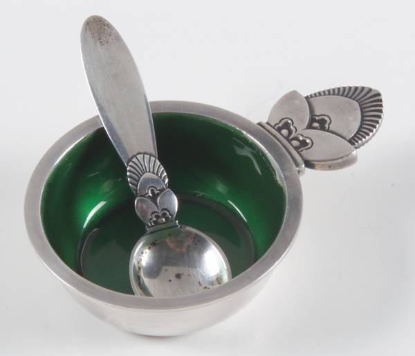 Cactus (Sterling, 1930) Enameled Salt Set 2pcs-Master Cellar & Spoon