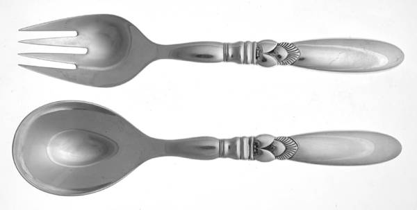 Cactus (Sterling, 1930) 2 Piece Salad Set Hollow Handle Sterling Bowl by Georg Jensen (Denmark)