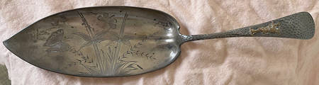 Antique-Hammered & Applied (Sterling, 1880) Large Solid Bright Cut Fish Serving Knife