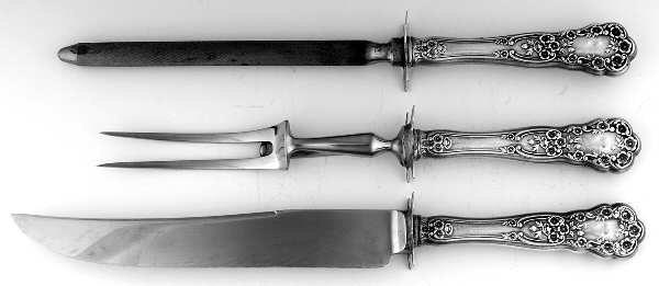 Buttercup (Sterling, Lion-Anchor-G, 1899, No Monos) Small Steak 3-Piece Carving Set w/Stainless Blade