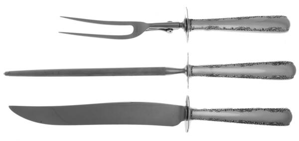 Camellia (Sterling, 1941-1942, No Monos) (3 Pc)Carving Set-Lg Stnbl/Roast w/Sterling Guard