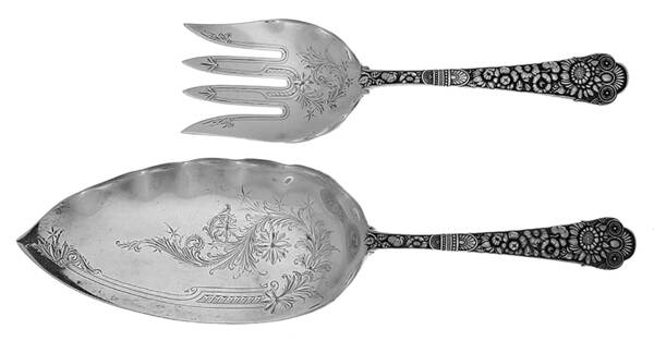 Cluny (Sterling, 1880-1883) Large Solid, Bright Cut Fish Serving Set