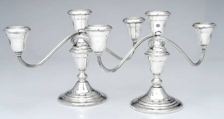 Colonial (Silverplate, Hollowware) Pair of 3 Light Small Candelabra