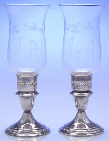 Colonial (Silverplate, Hollowware) Pair of Hurricane Lamps & Globes