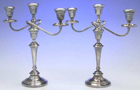 Colonial (Silverplate, Hollowware) Pair of 14" 3 Light Candelabra