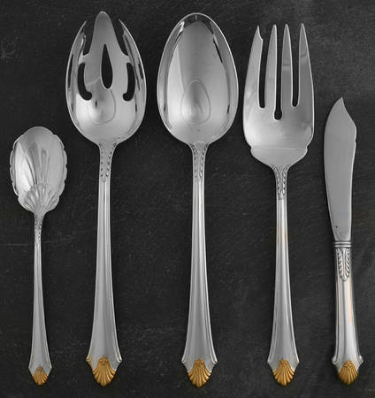 Edgemont Gold (Sterling, Gold Accent, 1987) 5 Piece Hostess Set by Gorham Silver