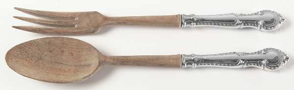 English Gadroon (Sterling, 1939, No Monos) Wooden Bowl 2-Piece Salad Set