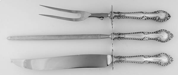 English Gadroon (Sterling, 1939, No Monos) (3 Pc)Carving Set-Lg Stnbl/Roast w/Sterling Guard