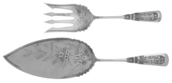 Fontainebleau (Sterling, 1880, No Monograms) Large Solid, Bright Cut Fish Serving Set