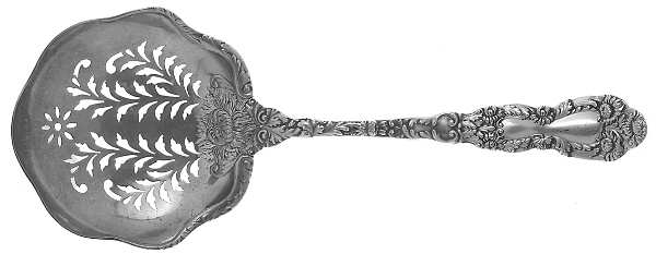 Imperial Chrysanthemum (Sterling, 1894, No Monos) Large Pierced Pea Serving Spoon