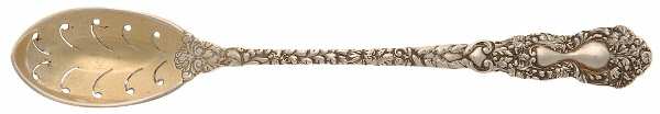 Imperial Chrysanthemum (Sterling, 1894, No Monos) Pierced Bowl Short Handle Olive Spoon