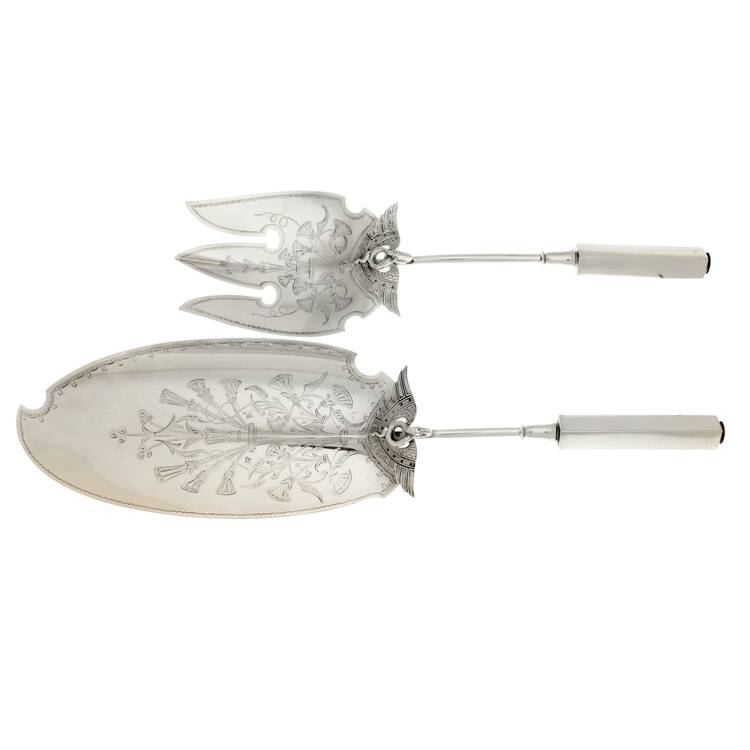 Isis (Sterling, 1870) 2 Pc Large Fish Serving Set Hollow Handle with Bright Cut