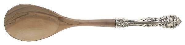 King Edward (Sterling, 1936, No Monos) Salad Serving Spoon with Wooden Bowl