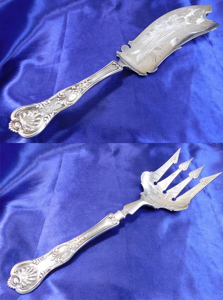 Kings III (Sterling, 1885) Large Solid, Bright Cut Fish Serving Set