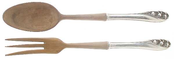 Lily of The Valley (Sterling, 1950, No Monos) Wooden Bowl 2-Piece Salad Set by Gorham Silver
