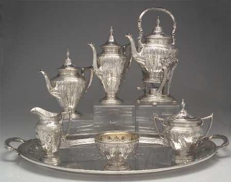 Maintenon (Sterling, Hollowware) 7 Piece Tea Set (SCP, STP, SCR, SSU, SWB, SKES & WTL)