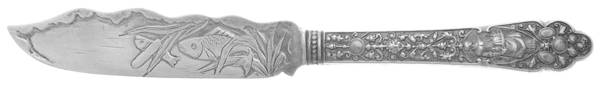 Medici-Old (Sterling, 1880, No Monograms) Bright Cut Ind Hollow Handle Fish Knife-Strl Blade