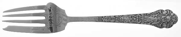 Medici-Old (Sterling, 1880, No Monograms) Bright Cut Large Solid Cold Meat Serving Fork