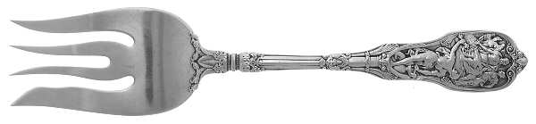 Mythologique (Sterling, 1894, Old, NoBeads, NoFaceBow) Medium Solid Cold Meat Serving Fork