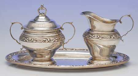 Rose Scroll (Sterling, Hollowware) Mini Creamer, Covered Sugar & Tray Set