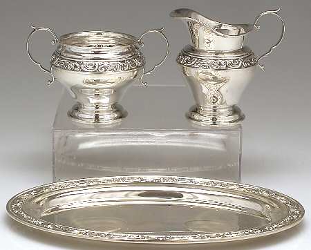 Rose Scroll (Sterling, Hollowware) Creamer, Open Sugar & Tray Set