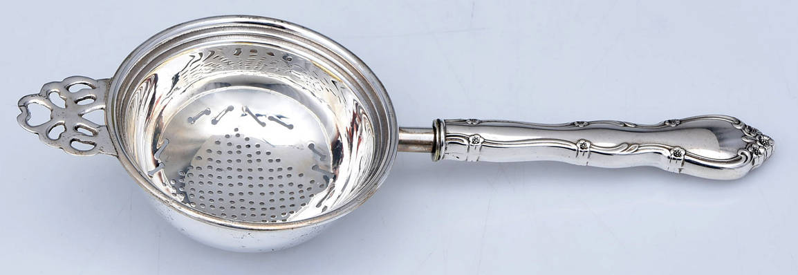 Rose Tiara (Sterling, 1963) Individual Overcup Tea Strainer with Silverplate Bowl
