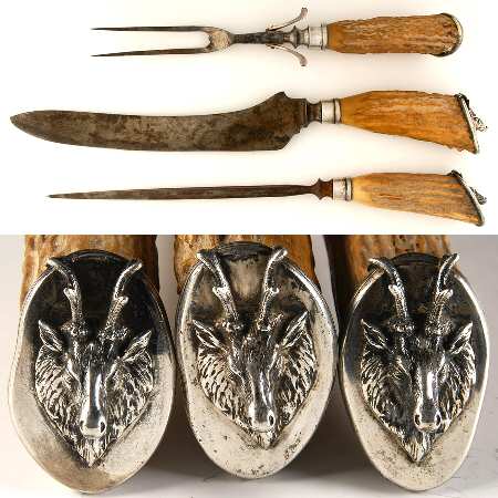 Saxon Stag (Coin, 1855) Carving Set-3 Pc Lg Stn Bl Roast-Sterling Guard