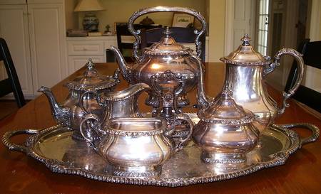 Shell & Gadroon (Silverplate, Hollowware) 7-Piece Plated Tea Set (w/ Waste, Kttle & Try)