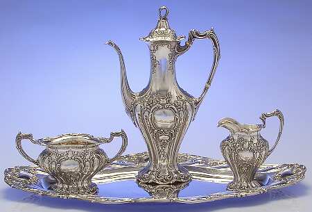 Chantilly-Grand (Sterling Hollowware) 4 Piece Demi Set with CR, SU & Oval Tray